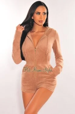 HMS Lounge: Mocha Terry Hoodie Long Sleeve Zipper Romper