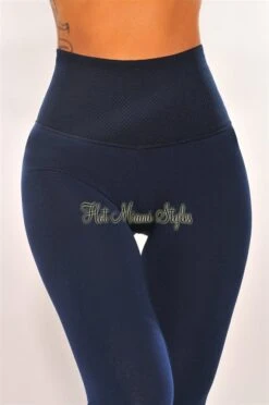 HMS Lounge: Navy Textured Waistband High Waist Fleece Lined Leggings -Miamis Style Shop hms lounge navy textured waistband high waist fleece lined leggings hot miami styles 237267