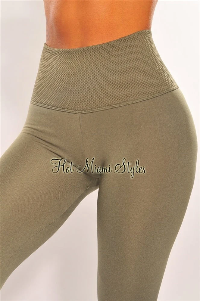 HMS Lounge: Olive Textured Waistband High Waist Fleece Lined Leggings 3 HMS Lounge: Olive Textured Waistband High Waist Fleece Lined Leggings - Image 3