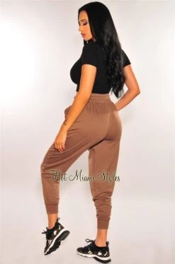 HMS Lounge: Toffee Drawstring High Waist Jogger Pants -Miamis Style Shop hms lounge toffee drawstring high waist jogger pants hot miami styles 102860