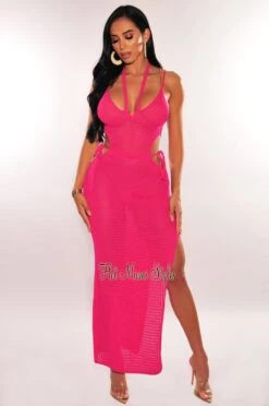 Hot Pink Crochet Halter Spaghetti Straps Cut Out Slit Cover Up Dress
