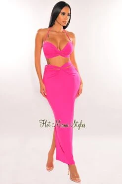 Hot Pink Cut Out Knotted Midi Skirt Two Piece Set