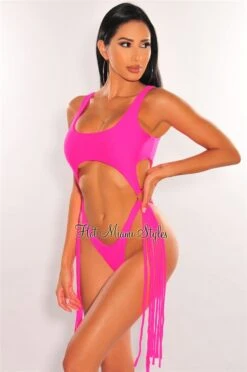Hot Pink Cut Out O-Ring Fringe Ultra High Cut Thong Swimsuit