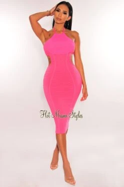 Hot Pink Halter Mesh Cut Out Bandage Dress