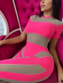 Hot Pink Mesh Illusion Mock Neck Short Sleeve Jumpsuit -Miamis Style Shop hot pink mesh illusion mock neck short sleeve jumpsuit hot miami styles 825872