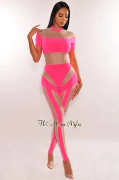 Hot Pink Mesh Illusion Mock Neck Short Sleeve Jumpsuit