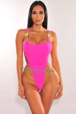 Hot Pink Multi Color Chain Ultra High Cut Swimsuit