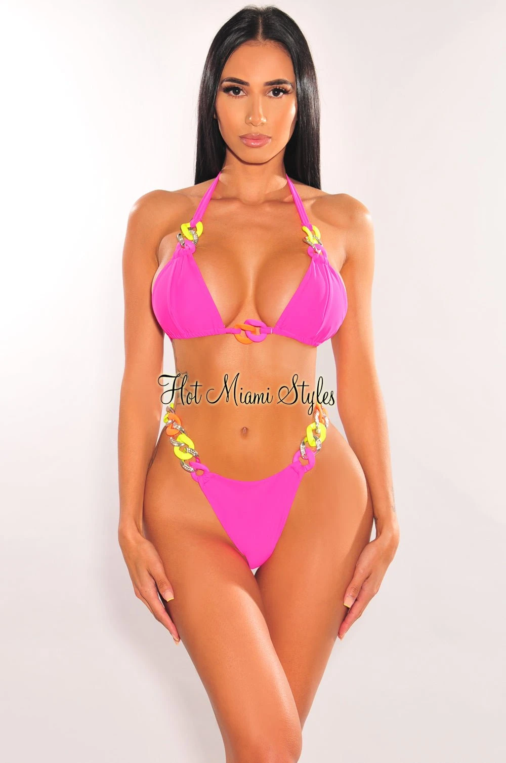 Hot Pink Neon Chain Halter Triangle Top Bikini 1 Hot Pink Neon Chain Halter Triangle Top Bikini