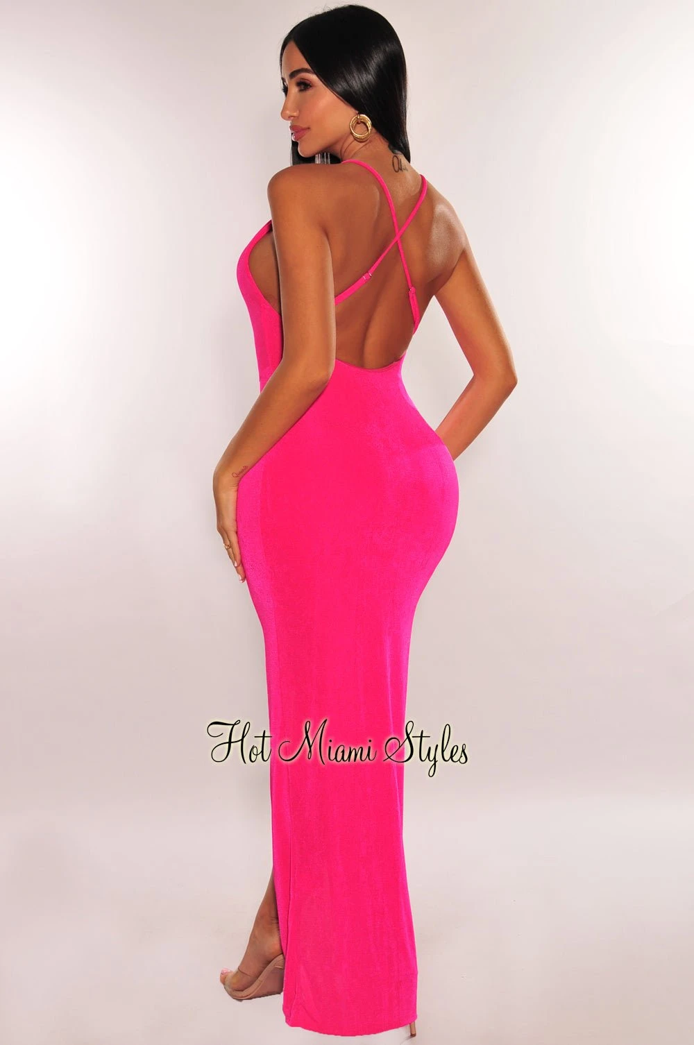 Hot Pink Plunge Knotted Criss Cross Back Slit Maxi Dress 2 Hot Pink Plunge Knotted Criss Cross Back Slit Maxi Dress - Image 2