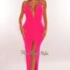 Hot Pink Plunge Knotted Criss Cross Back Slit Maxi Dress