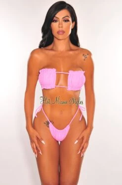 Hot Pink Ruched Bust Frill Padded Bandeau Bikini