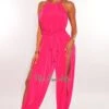 Hot Pink Shimmery Slit Hem Belted Harem Jumpsuit