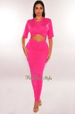 Hot Pink Short Sleeve Cut Out Ruched Maxi Dress