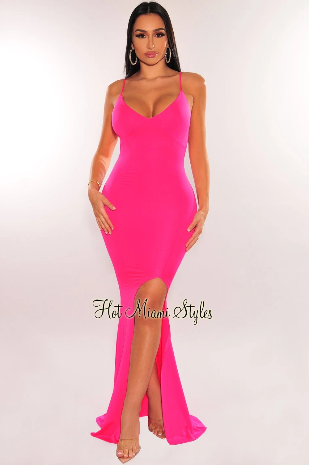 Hot Pink Spaghetti Straps V Neck Slit Gown 1 Hot Pink Spaghetti Straps V Neck Slit Gown