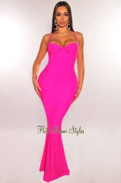 Hot Pink Underwire Spaghetti Strap Criss Cross Back Mermaid Gown
