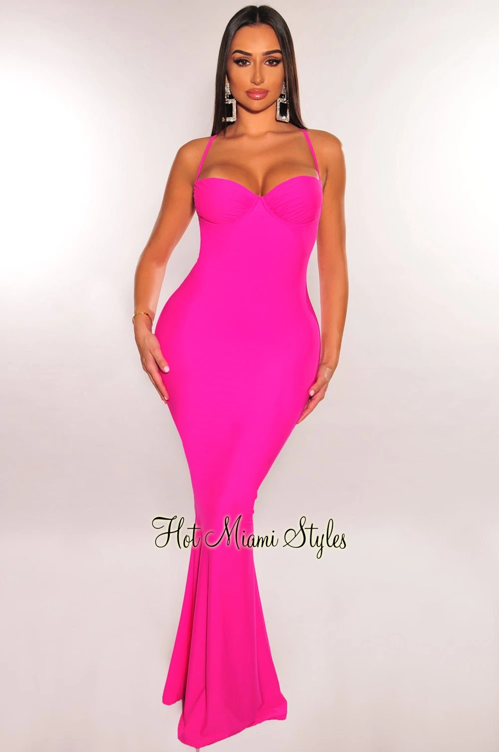 Hot Pink Underwire Spaghetti Strap Criss Cross Back Mermaid Gown 1 Hot Pink Underwire Spaghetti Strap Criss Cross Back Mermaid Gown