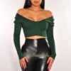 Hunter Green Ribbed Knit Off Shoulder Long Sleeve Crop Top