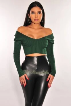 Hunter Green Ribbed Knit Off Shoulder Long Sleeve Crop Top