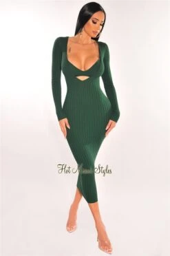 Hunter Green Ribbed Knit Plunge Neck Long Sleeve Midi Dress + Bralette