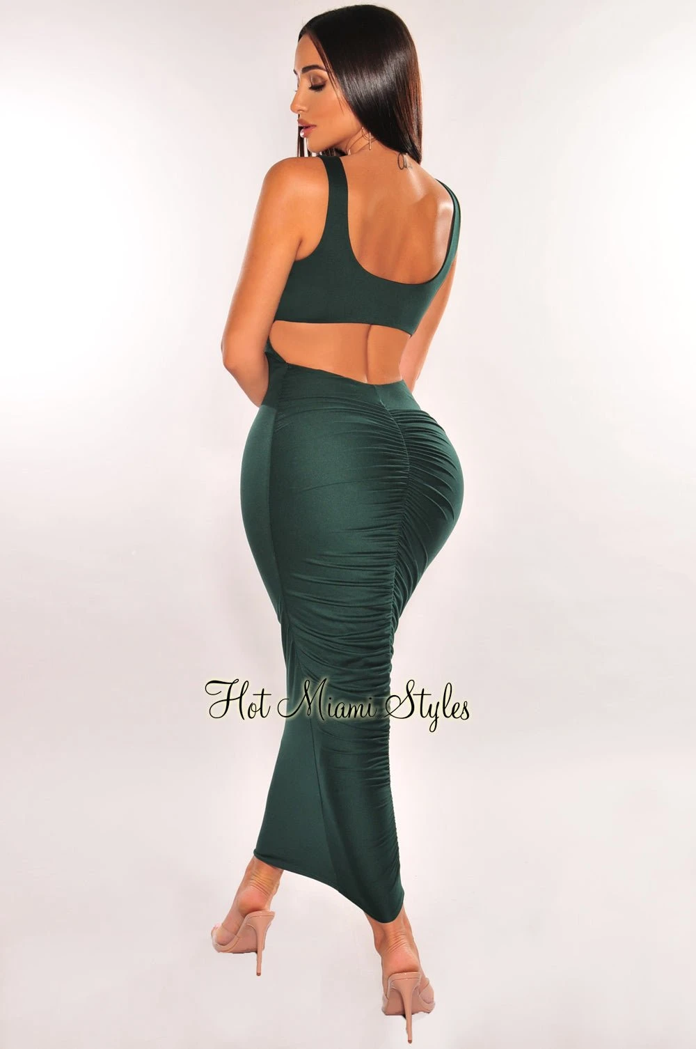 Hunter Green Sleeveless Gold Ring Cut Out Ruched Back Dress 2 Hunter Green Sleeveless Gold Ring Cut Out Ruched Back Dress - Image 2