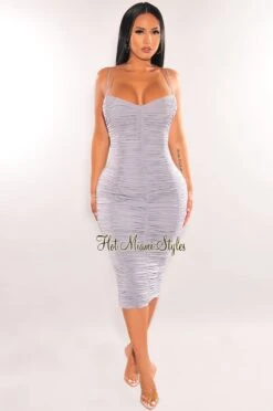 Ice Spaghetti Straps V Neck Ruched Dress