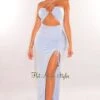 Iced Blue Halter Cut Out Ruched Slit Maxi Dress