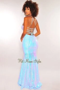 Iced Blue Sequins V Neck Lace Up Back Slit Mermaid Gown -Miamis Style Shop iced blue sequins v neck lace up back slit mermaid gown hot miami styles 268834