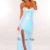 Iced Blue Sequins V Neck Lace Up Back Slit Mermaid Gown