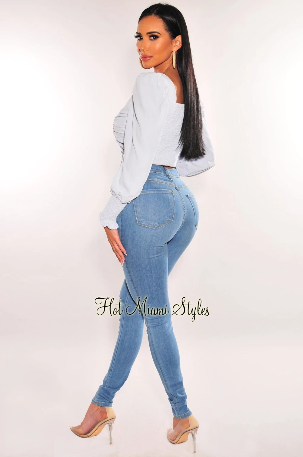 Iced Blue Squared Neck Drawstring Tie Up Crop Top 4 Iced Blue Squared Neck Drawstring Tie Up Crop Top - Image 4