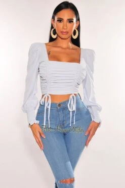 Iced Blue Squared Neck Drawstring Tie Up Crop Top