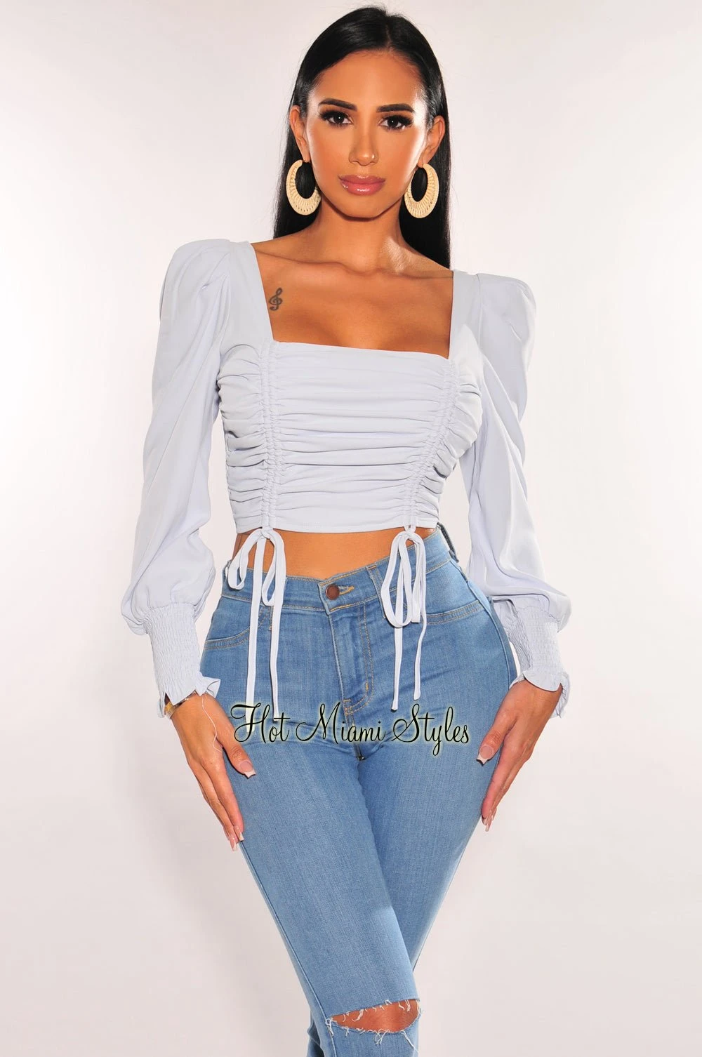 Iced Blue Squared Neck Drawstring Tie Up Crop Top 1 Iced Blue Squared Neck Drawstring Tie Up Crop Top