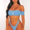 Iced Blue Textured Zipper Off Shoulder Bikini