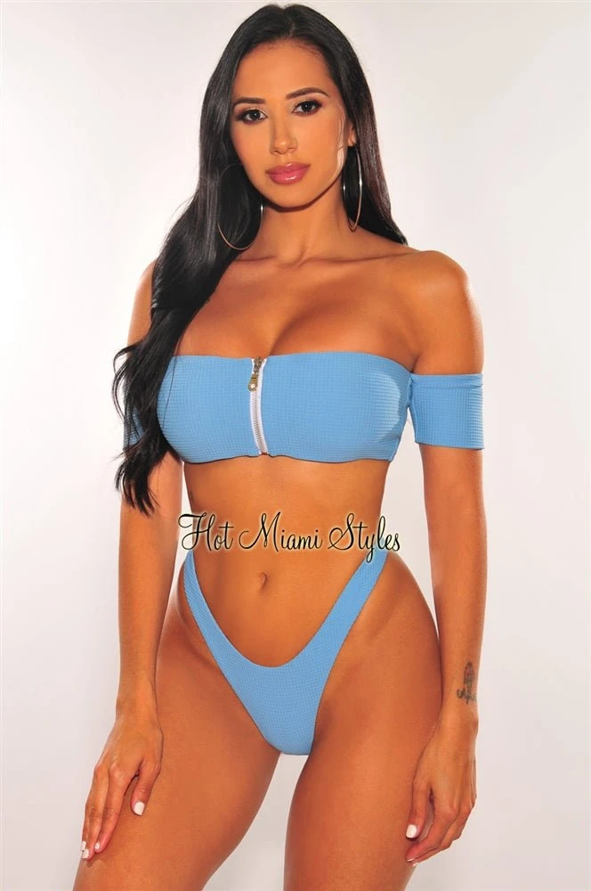 Iced Blue Textured Zipper Off Shoulder Bikini 1 Iced Blue Textured Zipper Off Shoulder Bikini