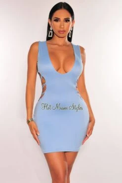 Iced Blue V Neck Sleeveless Strappy Open Back Dress