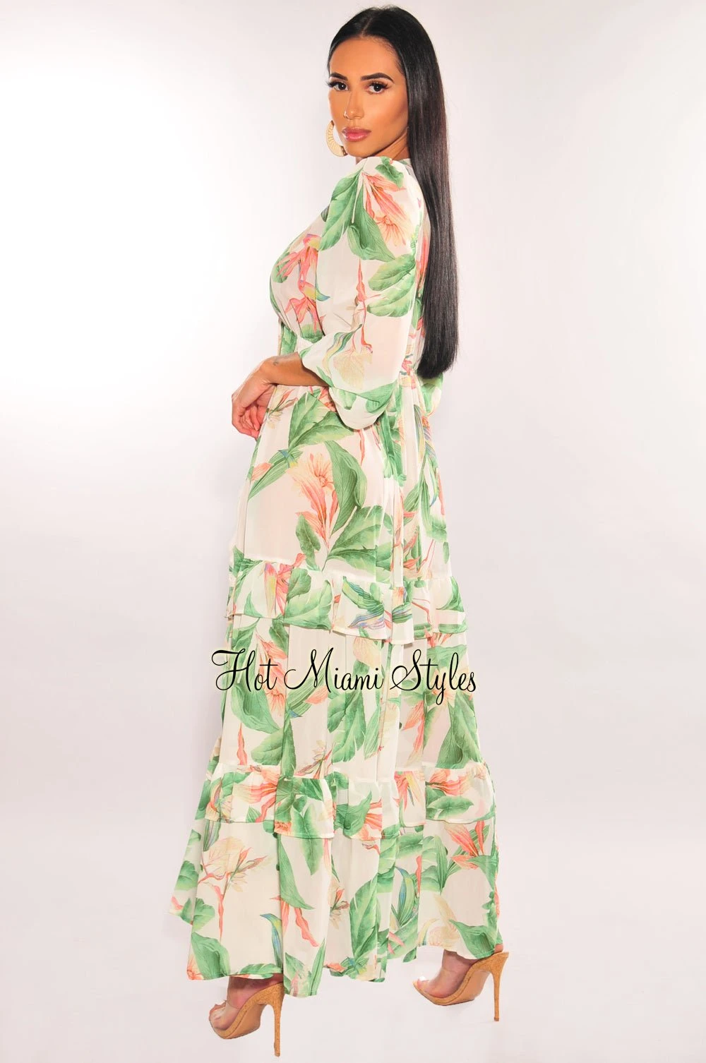 Ivory Palm Print Tie Up Long Sleeve Ruffle Cover Up 3 Ivory Palm Print Tie Up Long Sleeve Ruffle Cover Up - Image 3