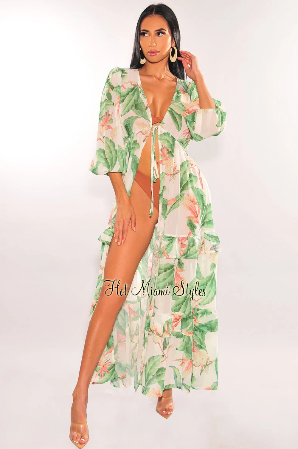 Ivory Palm Print Tie Up Long Sleeve Ruffle Cover Up 2 Ivory Palm Print Tie Up Long Sleeve Ruffle Cover Up - Image 2