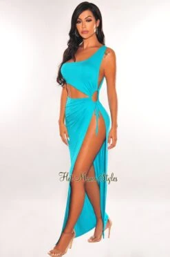 Jade One Shoulder Cut Out Drawstring Keyhole Slit Maxi Dress