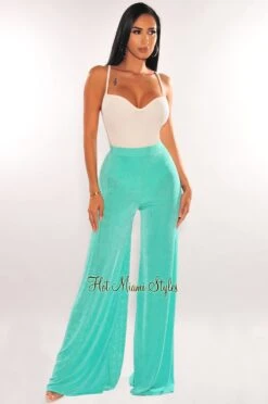 Jade Ribbed Shimmery High Waist Palazzo Pants