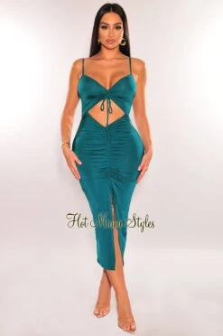 Jade Spaghetti Strap Drawstring Ruched Cut Out Slit Dress