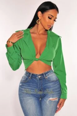 Kelly Green Collared Long Sleeves Knotted Crop Top