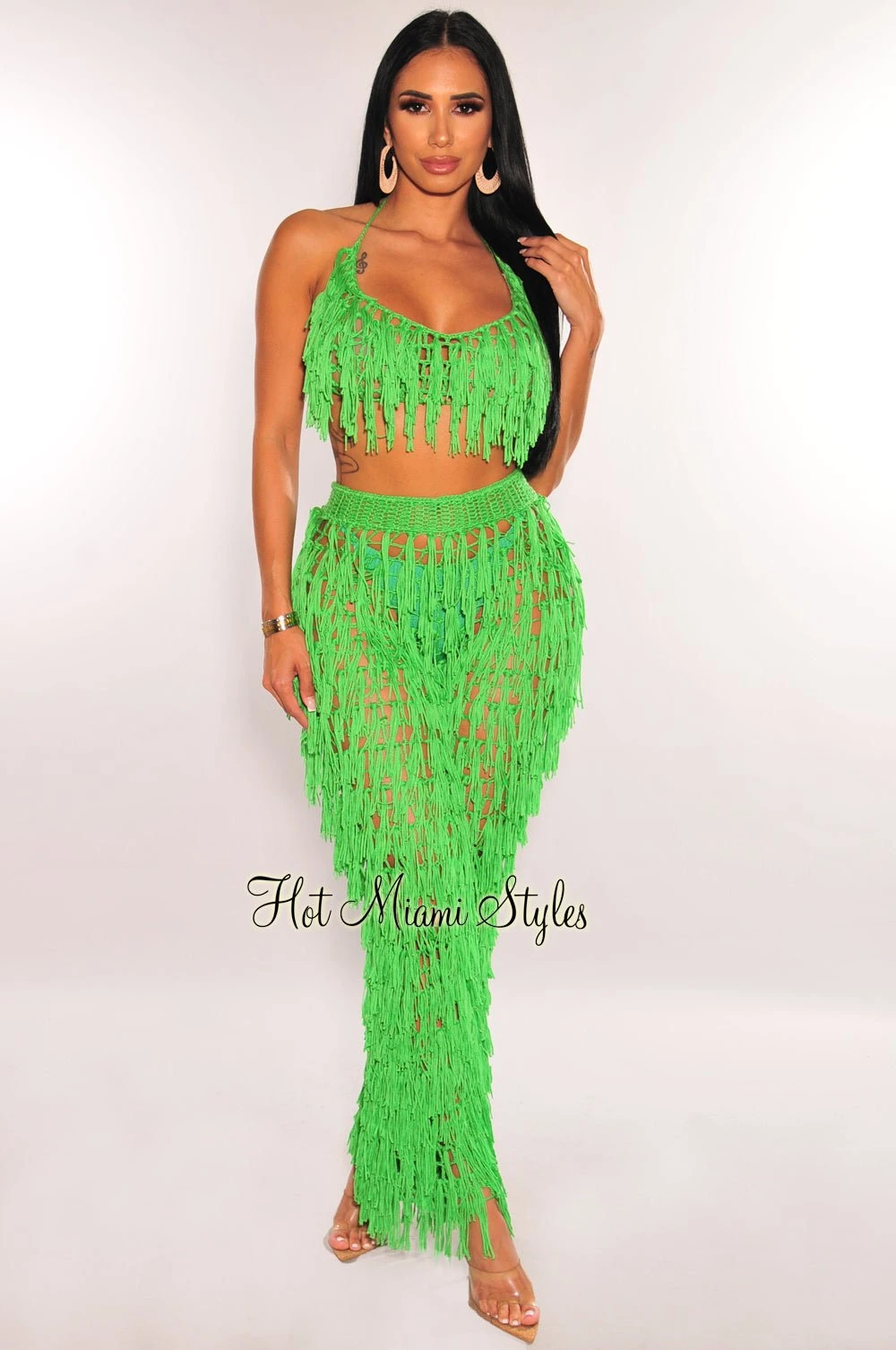 Kelly Green Crochet Halter Fringe Pants Two Piece Set Cover Up 1 Kelly Green Crochet Halter Fringe Pants Two Piece Set Cover Up