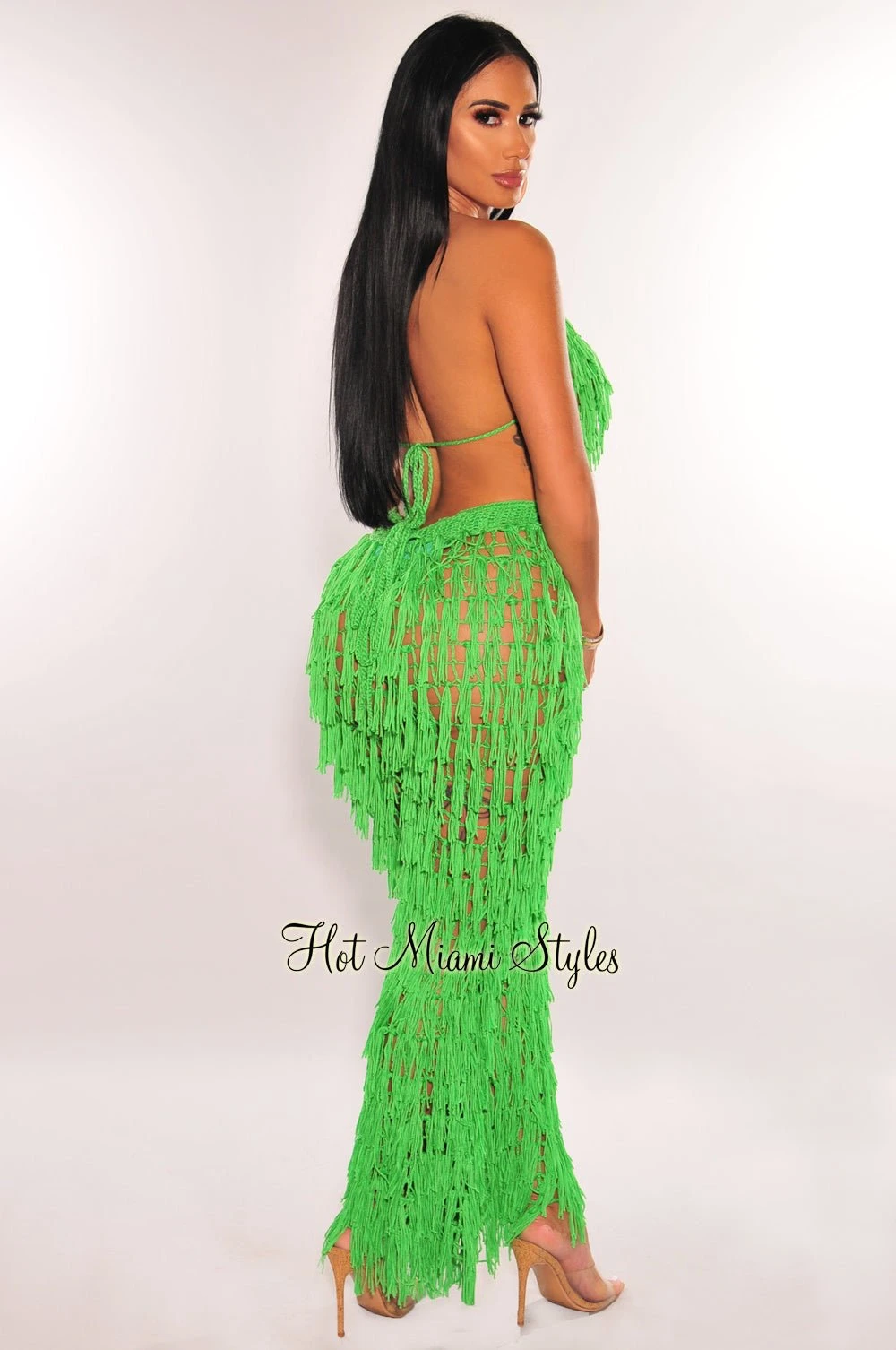 Kelly Green Crochet Halter Fringe Pants Two Piece Set Cover Up 2 Kelly Green Crochet Halter Fringe Pants Two Piece Set Cover Up - Image 2