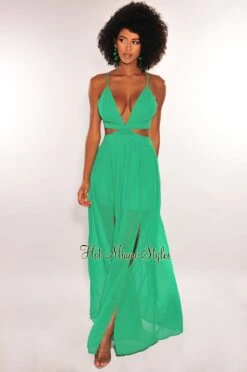 Kelly Green Ring Cut Out Crisscross Back Double Slit Maxi Dress