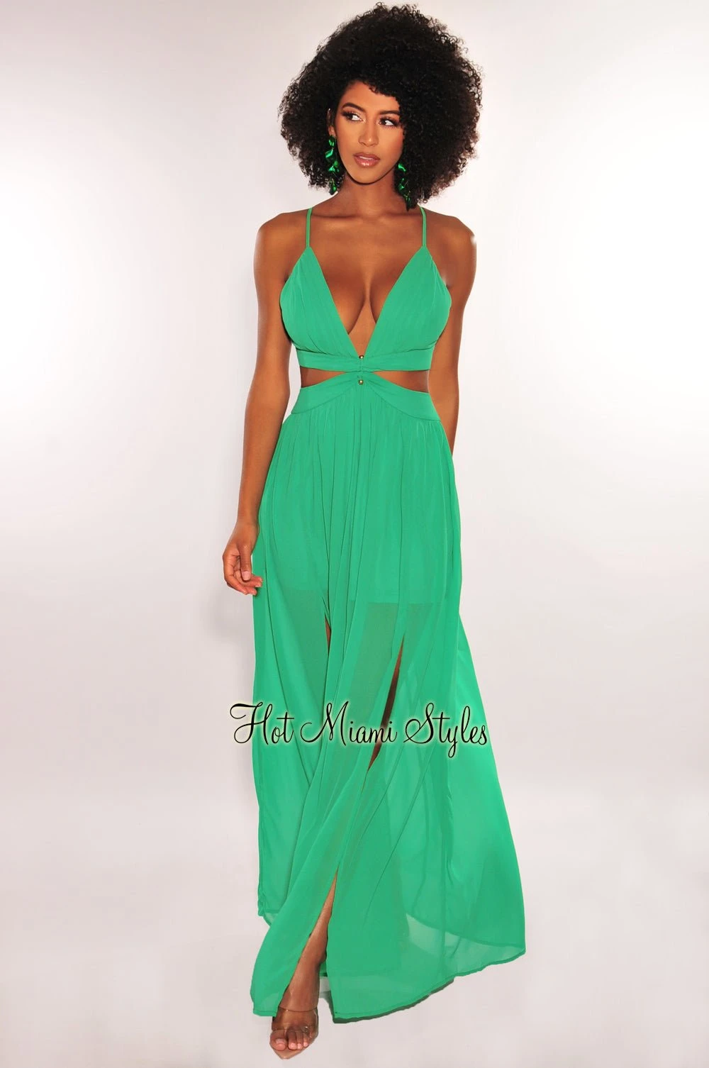 Kelly Green Ring Cut Out Crisscross Back Double Slit Maxi Dress 1 Kelly Green Ring Cut Out Crisscross Back Double Slit Maxi Dress