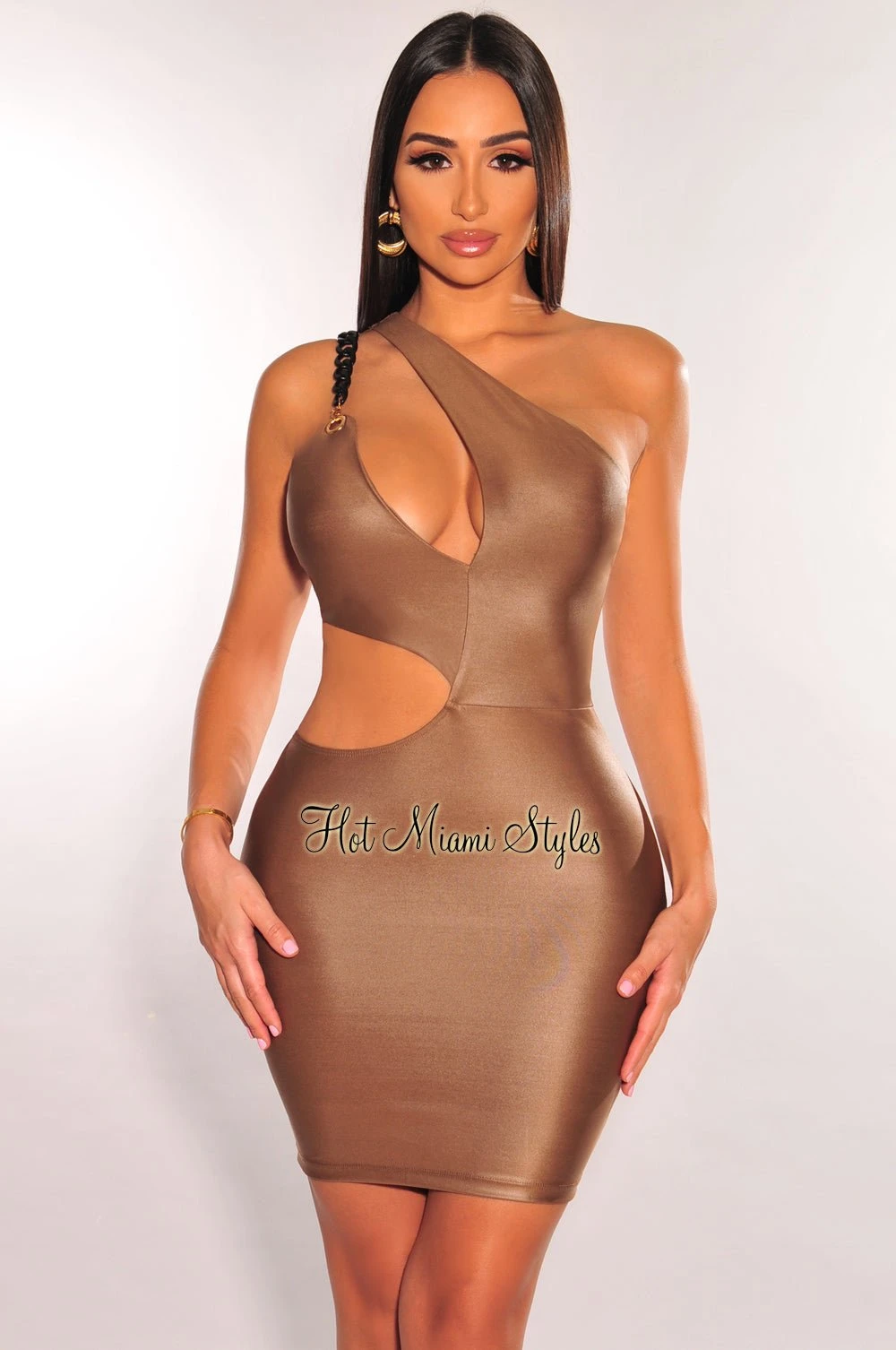 Latte Faux Leather Black Chain One Shoulder Cut Out Mini Dress 1 Latte Faux Leather Black Chain One Shoulder Cut Out Mini Dress