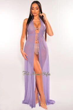 Lavender Mesh Halter Drawstring Open Back Maxi Cover Up