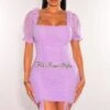 Lavender Mesh Short Balloon Sleeve Drawstring Ruched Dress