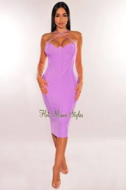 Lavender Ribbed Bandage Padded Spaghetti Straps Corset Underwire Midi Dress