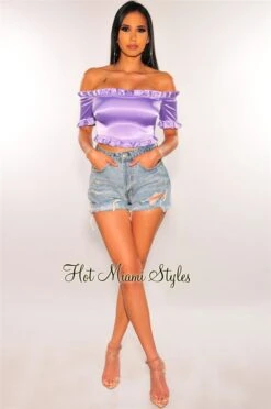 Lavender Satin Off Shoulder Ruffle Crop Top 6 Lavender Satin Off Shoulder Ruffle Crop Top -Miamis Style Shop lavender satin off shoulder ruffle crop top hot miami styles 387831