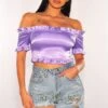 Lavender Satin Off Shoulder Ruffle Crop Top